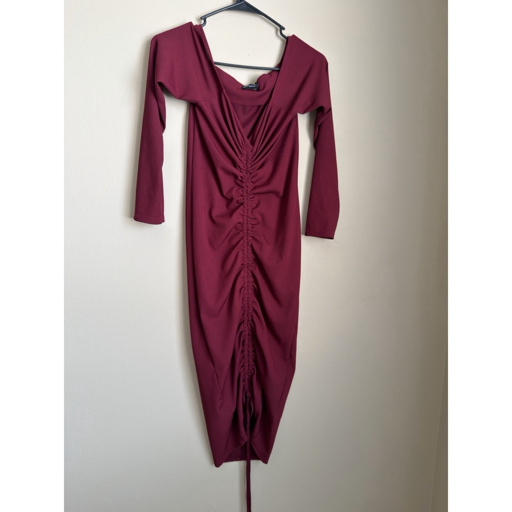PrettyLittleThing Burgundy Ribbed Off Shoulder Ruched Drawstring Midi Dress S 10 - Picture 1 of 10